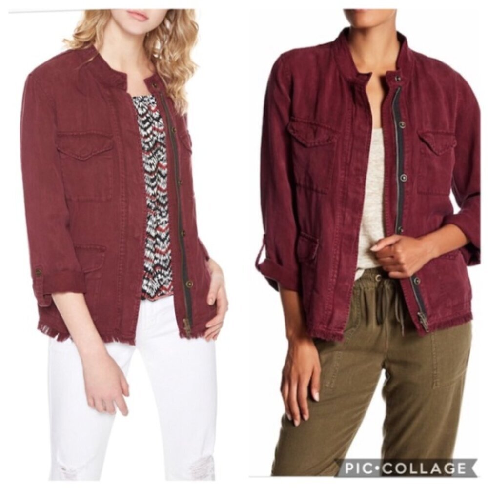 SANCTUARY Roy Frayed Jacket S 100% Tencel Lyocell Lightweight CoatBerry Burgundy
